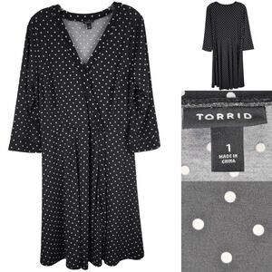 Torrid Faux Wrap Dress Jersey Knit Black White Polka Dot Print Womens Plus 1X